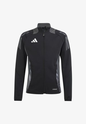 Schwarze Sportjacke mit grauen Akzenten, mit Reißverschluss vorne, Stehkragen und Seitentaschen. Verfügt über strukturierte Einsätze und Logodetail.