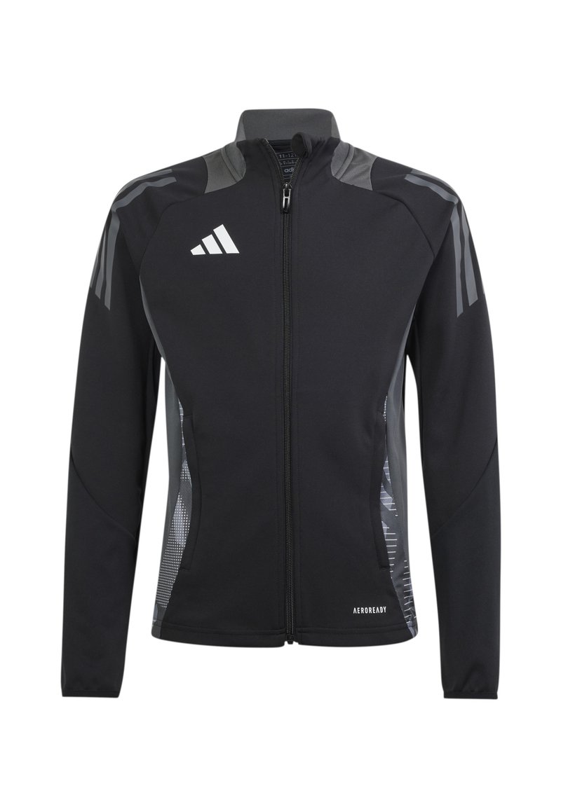 Schwarze Sportjacke mit grauen Akzenten, mit Reißverschluss vorne, Stehkragen und Seitentaschen. Verfügt über strukturierte Einsätze und Logodetail.