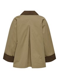 Veste beige avec col et poignets marron foncé, dotée d'un pli central dans le dos, vue de dos sur un fond blanc.