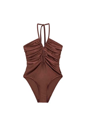 Brun badedragt i ét stykke med rynket front, nøglehul detalje under brystet og tynde stropper bundet i nakken.