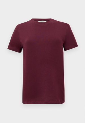 Burgunderfarget T-skjorte med korte ermer i glatt bomullsstoff, med rund hals og rett kant. Minimalistisk design, ingen mønstre eller detaljer.