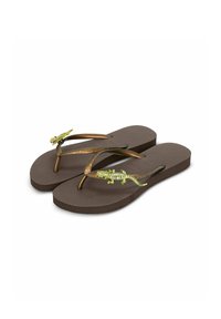 Brown flip-flops with a textured sole and bronze straps. Features two green lizard accents with rhinestones on the straps.