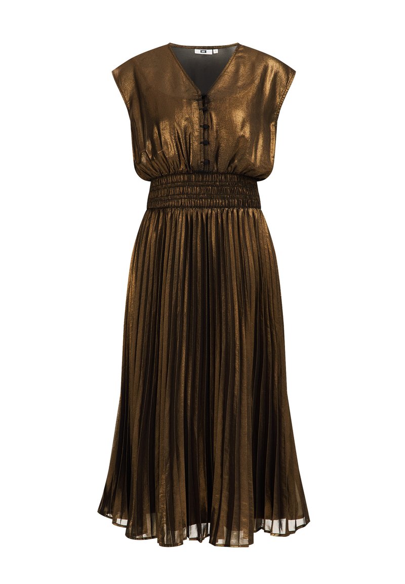 Bronzen geplooide jurk met een V-hals, knoopdetails en een elastische tailleband. Korte mouwen en een vloeiende rok voor een losse pasvorm.