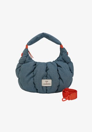Blue padded handbag with a rounded design, made of soft fabric. Features orange accents and a detachable strap. Silver logo plate attached.