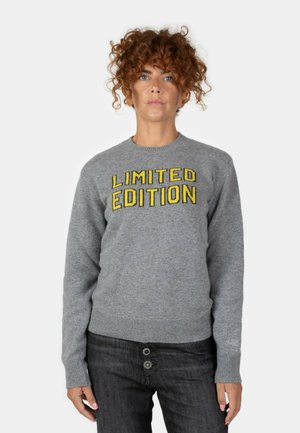 Maglione grigio a maglia con testo giallo "EDIZIONE LIMITATA". Presenta polsini a costine, scollatura rotonda e una texture morbida. Indossato con jeans scuri.