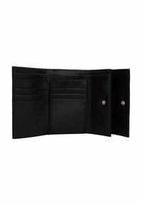 Portefeuille en cuir noir avec plusieurs emplacements pour cartes et une fermeture à pression. Présente une texture lisse et un design minimaliste. Ouvert à plat pour visualisation.