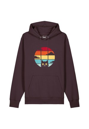 Dark purple hoodie with a front pocket, drawstrings, and a colorful retro circle design featuring a black cat and stylized clouds.