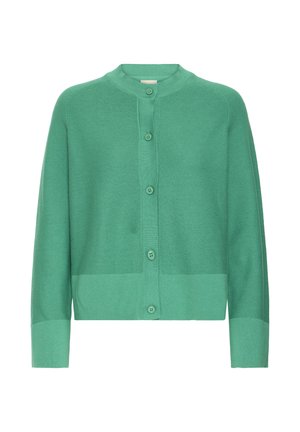 Cardigan verde realizzato in morbido materiale a maglia, con scollatura rotonda, chiusura frontale con bottoni e polsini e orlo a coste.
