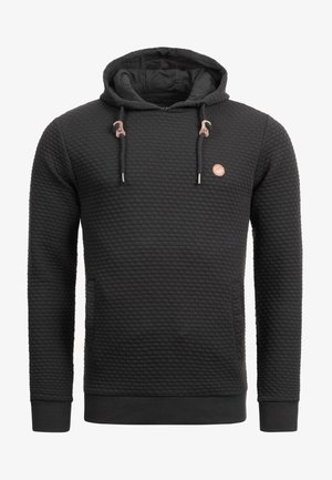 Huppari, jossa on huppu, musta väri, tikkikuviointi, säädettävät narut metallipäillä ja pieni pyöreä logo rinnassa.