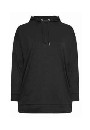Sudadera con capucha negra de tejido acanalado, con un corte relajado, cordones y mangas largas con un dobladillo recto.