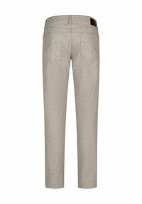 Beige broek met rechte pijpen, denim-achtige textuur, riemlussen en twee achterzakken. Minimalistisch ontwerp zonder zichtbare hardware.