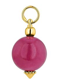 Colgante de perla rosa redonda con un acabado brillante, que presenta un lazo en tono dorado y un acento triangular dorado en la base.