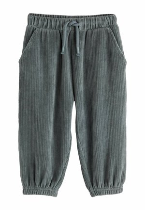 Dark gray ribbed fabric sweatpants with elastic waistband, drawstring, side pockets, and elastic cuffs at ankles.