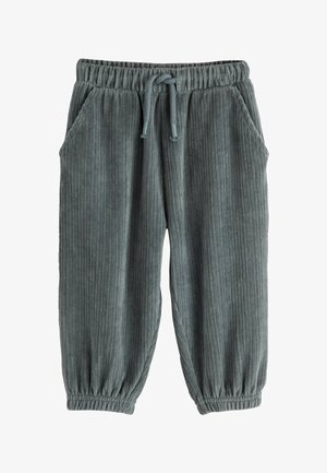 Dunkelgraue, gerippte Sweatpants mit elastischem Bund, Kordelzug, Seitentaschen und elastischen Bündchen an den Knöcheln.