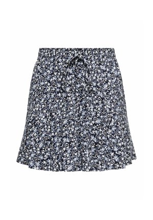 Granatowa spódnica w kwiaty z małymi białymi i jasnoniebieskimi kwiatami, elastycznym pasem i wiązaniem z przodu.