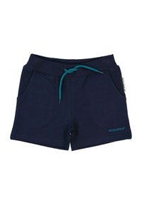 Mörkblå bomullsshorts med dragsko i midjan, två sidofickor och varumärkeslogotyp i turkos på den nedre kanten.