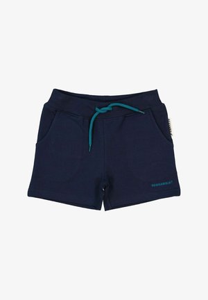 Marineblå bomuldsshorts med snor i taljen, to sidelommer og brandlogo i turkis på den nederste kant.