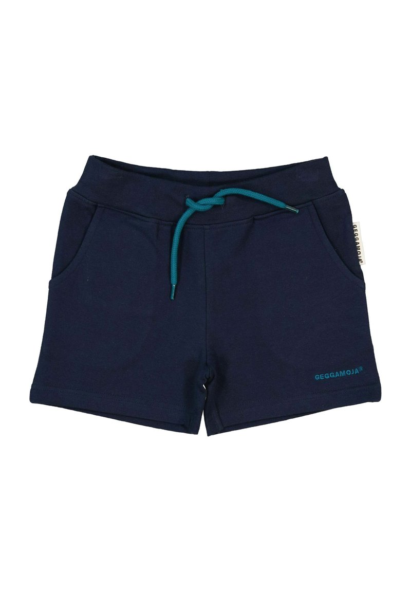 Mörkblå bomullsshorts med dragsko i midjan, två sidofickor och varumärkeslogotyp i turkos på den nedre kanten.