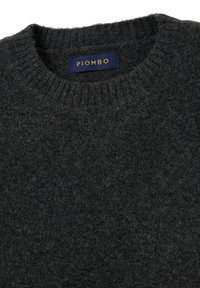Dunkelgrauer Wollpullover mit geripptem Rundhalsausschnitt und einem Etikett mit "PIOMBO" in goldenen Buchstaben. Weiche, strukturierte Oberfläche.