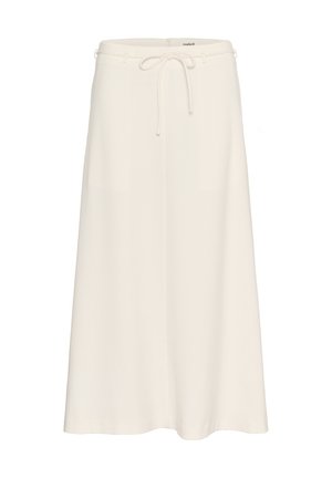 Falda blanca, ligera, con un corte suelto, cintura con cordón y dos bolsillos laterales. Textura suave, diseño de longitud media.