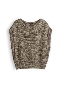 Pull en maille manches courtes en fil chiné beige et marron avec col rond et ourlet côtelé.