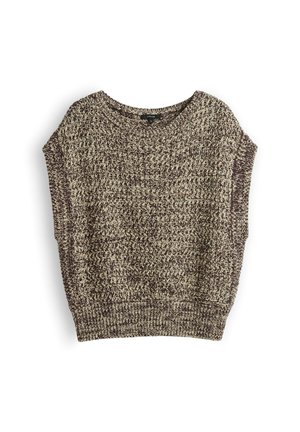 Pull en maille manches courtes en fil chiné beige et marron avec col rond et ourlet côtelé.