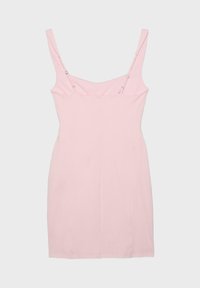 Mini-robe sans manches rose clair avec bretelles ajustables, étalée à plat sur un fond gris clair uni.