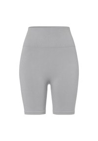 Pantalones cortos de jersey gris con canalé, de cintura alta y corte hasta la rodilla. Textura suave sin patrones ni acentos visibles.