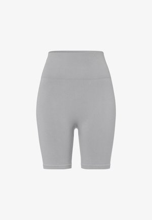 Shorts grigi con costine in jersey, con vita alta e taglio fino al ginocchio. Texture liscia senza motivi o dettagli visibili.