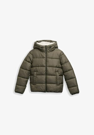 Padded olivgrüne Jacke mit Frontreißverschluss, zwei vorderen Taschen und einer Kapuze, die mit weich weißem Fleece gefüttert ist.