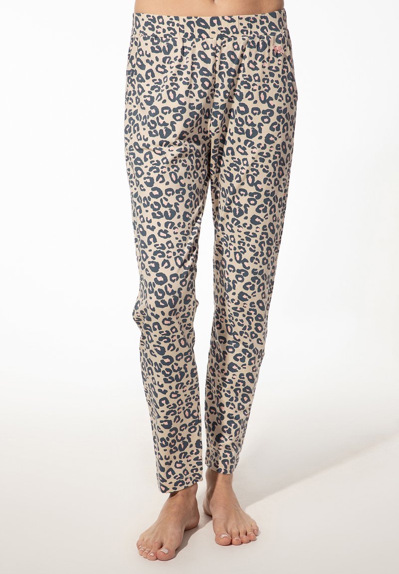 Beige Leopard-Print-Hose mit einer Mischung aus dunkelgrauen und rosa Flecken. Aus weichem Material, mit lockerem Schnitt und schmalem Bein-Design.