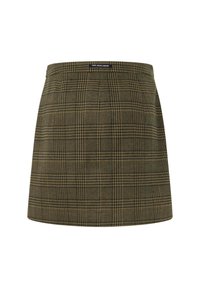 Plaid mini skirt in olive green and tan, featuring a fitted waistband and smooth texture, with a subtle logo tag at the top.