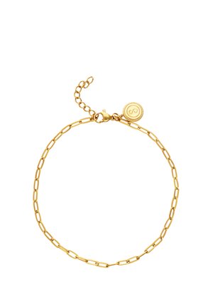 Delicada pulsera de cadena de oro con eslabones alargados, cierre de langosta, extensión ajustable y pequeño colgante redondo con símbolo de infinito.