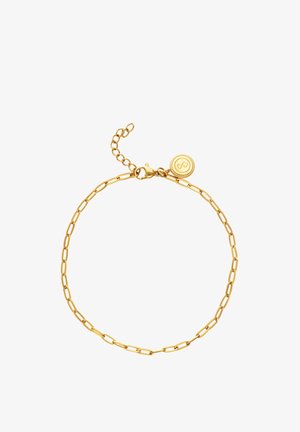 Delicada pulsera de cadena de oro con eslabones alargados, cierre de langosta, extensión ajustable y pequeño colgante redondo con símbolo de infinito.