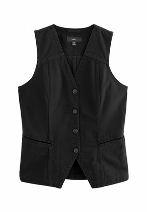 Sort ærmeløs vest lavet af denim, med V-hals, frontknapper og sidelommer. Glat tekstur med en let figursyet form.
