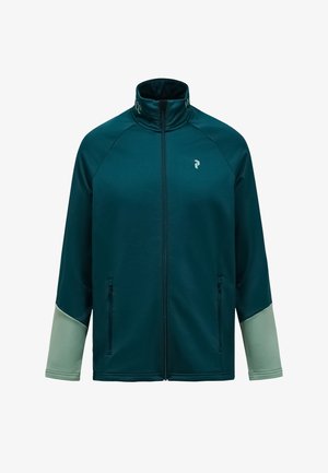 Sportieve jas in blauwgroen met een hoge kraag, ritssluiting en mouwen met groene accenten. Voorzien van zijzakken met rits en een subtiel logo. Gladde stoftextuur.