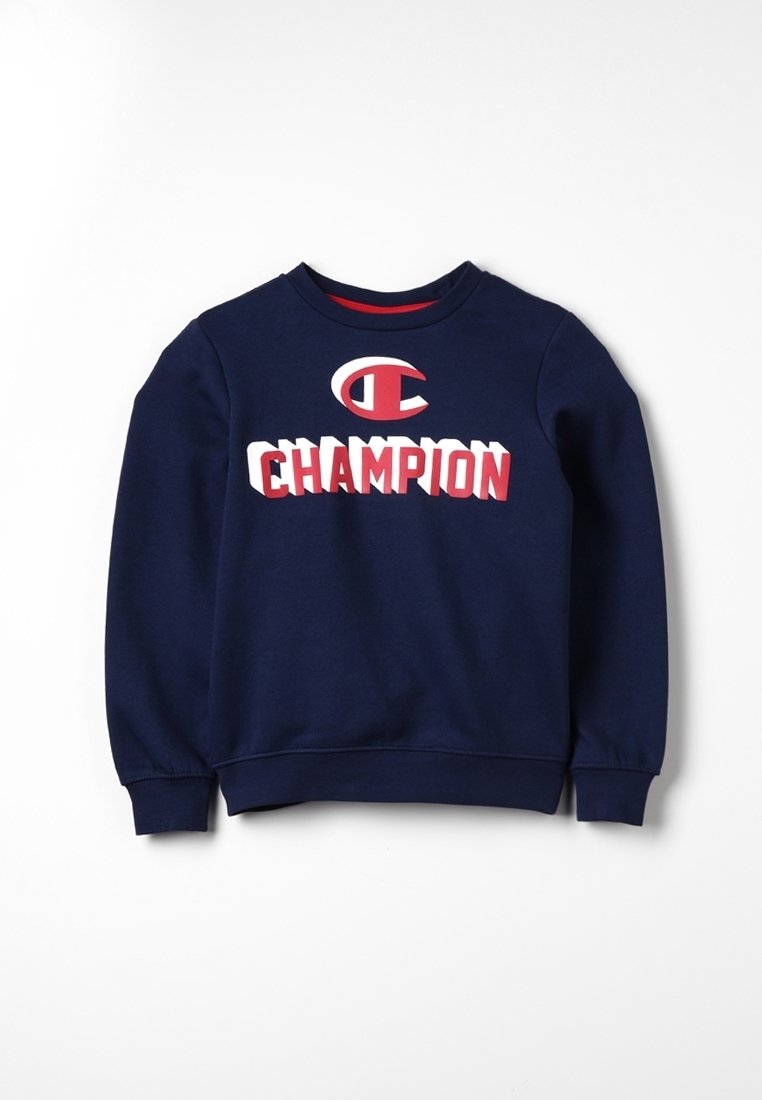 Sweat-shirt bleu marine en coton, doté d'un col rond, de manches longues, de poignets côtelés et d'un logo "CHAMPION" audacieux en rouge et blanc.