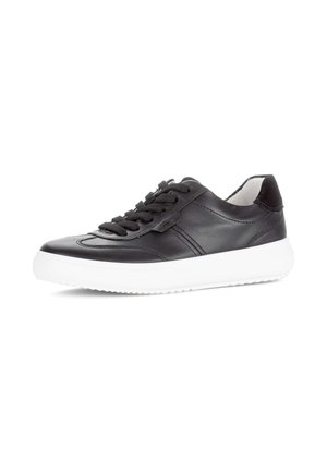 Black leather sneaker with black laces and a thick white sole on a plain white background.