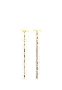 Pendientes de cadena de oro con un diseño largo y delgado, que cuentan con una parte superior plana y rectangular, y enlaces ovales interconectados para dar textura.
