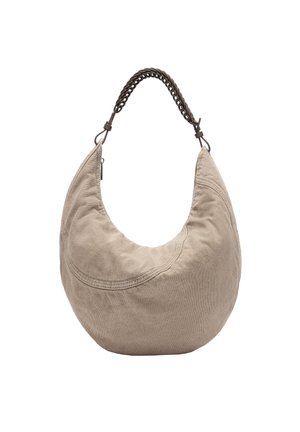 Beige schultertasche in mondförmigem Design mit gesteppten Details und einem kurzen, dunkelbraunen, geflochtenen Griff.