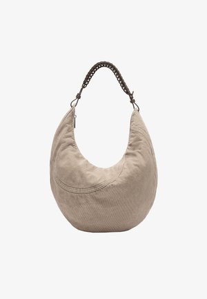 Beżowa, półksiężycowata torebka na ramię z przeszyciami i krótkim ciemnobrązowym plecionym uchwytem.