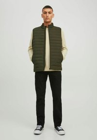 Grüne Daunenweste mit hohem Kragen, über einem beigen Pullover getragen. Kombiniert mit schwarzen Hosen und schwarzen Sneakers mit weißen Akzenten.