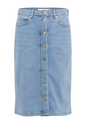 Világoskék farmer szoknya egyenes szabással, elöl gombos záródással és két oldalsó zsebbel. Jól megkülönböztethető kontrasztos varrás teljes hosszában.