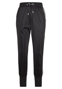 Zwarte sportbroek met een elastische tailleband en trekkoord, voorzien van zijstrepen en boorden. Gemaakt van zachte, lichtgewicht stof.