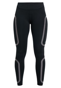 Černé sportovní legíny s vysokým pasem a šedými reflexními zakřivenými pruhy na stehnech a lýtkách.