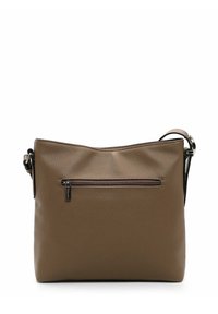 Braune Leder-Umhängetasche mit strukturiertem Finish, ausgestattet mit einer vorderen Reißverschluss-Tasche und einem verstellbaren Tragegurt. Rechteckige Form, minimalistisches Design.
