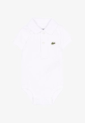 Body corto bianco per neonati con maniche corte, colletto, due bottoni e piccolo logo di coccodrillo verde sul petto.