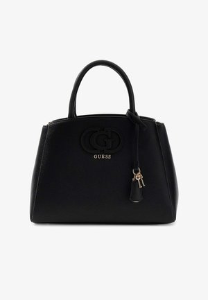 Borsa Guess in pelle nera testurizzata con doppi manici, logo frontale e due piccole chiavi pendenti su una cinghia.