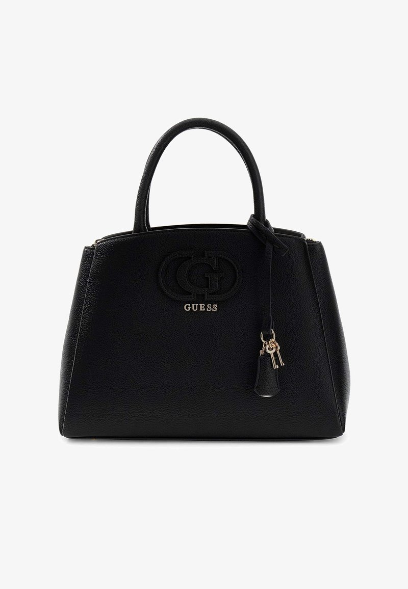 Sac à main Guess en cuir noir texturé avec doubles poignées, logo à l'avant et deux petites clés suspendues sur une lanière.