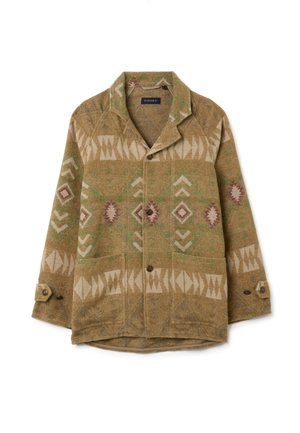Giacca marrone con motivo geometrico in crema e verde, dotata di colletto, bottoni e due tasche frontali. Tessuto morbido.